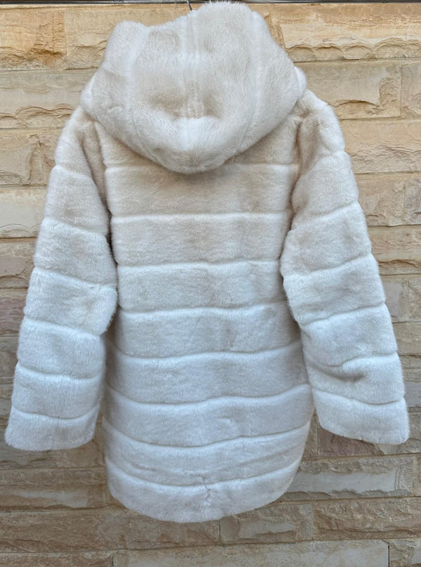 Britany معطف طويل من الفرو الصناعي بغطاء للرأس