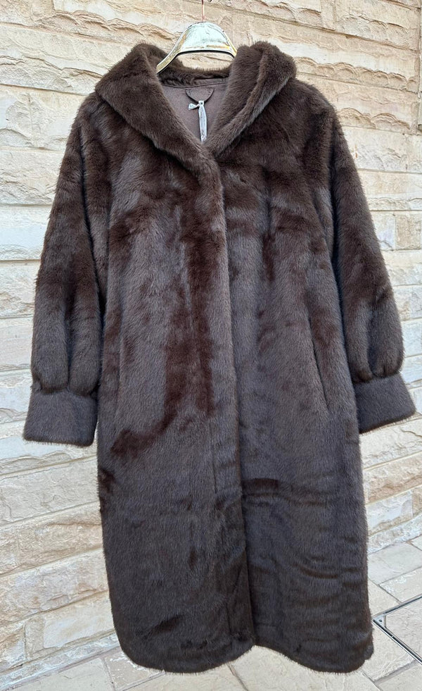 Isabella معطف طويل من الفرو الصناعي بغطاء للرأس