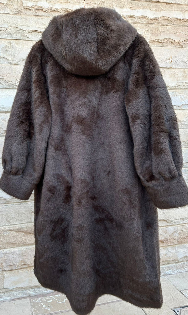 Isabella معطف طويل من الفرو الصناعي بغطاء للرأس