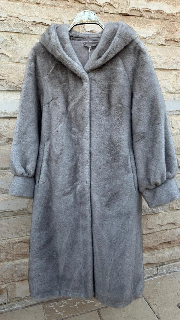 Isabella معطف طويل من الفرو الصناعي بغطاء للرأس