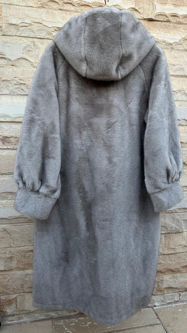 Isabella معطف طويل من الفرو الصناعي بغطاء للرأس