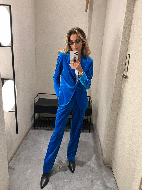 32870/32872 سترة مخملية ذات ياقة مطوية وزر واحد مع بنطلون مخملي متوسط الارتفاع