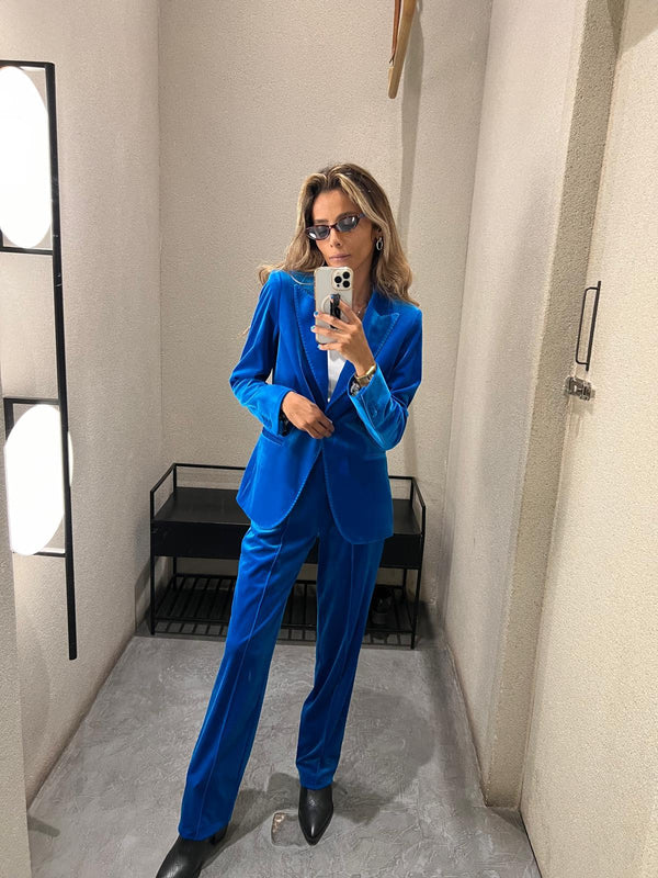 32870/32872 سترة مخملية ذات ياقة مطوية وزر واحد مع بنطلون مخملي متوسط الارتفاع