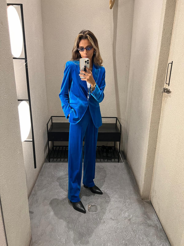 32870/32872 سترة مخملية ذات ياقة مطوية وزر واحد مع بنطلون مخملي متوسط الارتفاع