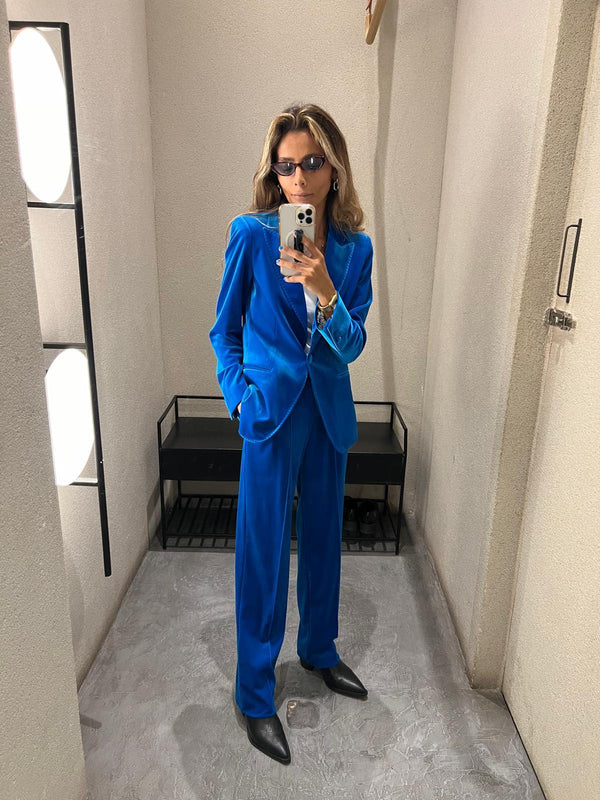 32870/32872 سترة مخملية ذات ياقة مطوية وزر واحد مع بنطلون مخملي متوسط الارتفاع