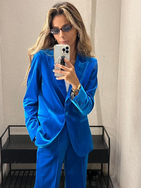 32870/32872 سترة مخملية ذات ياقة مطوية وزر واحد مع بنطلون مخملي متوسط الارتفاع