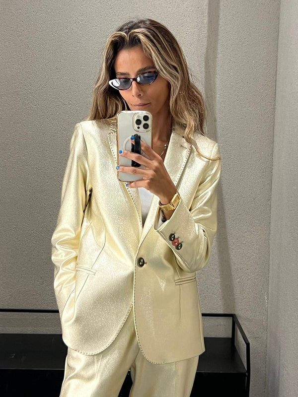 32644/32648 جاكيت لامع كلاسيكي بياقة مدببة وبنطلون مستقيم بطول الكاحل