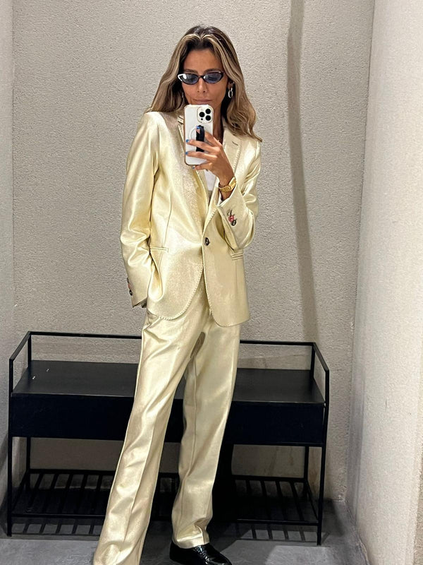 32644/32648 جاكيت لامع كلاسيكي بياقة مدببة وبنطلون مستقيم بطول الكاحل