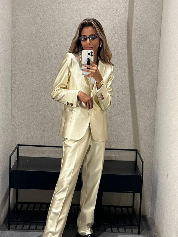 32644/32648 جاكيت لامع كلاسيكي بياقة مدببة وبنطلون مستقيم بطول الكاحل