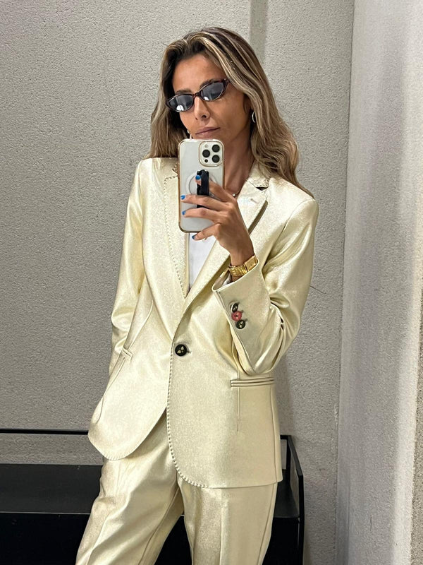 32644/32648 جاكيت لامع كلاسيكي بياقة مدببة وبنطلون مستقيم بطول الكاحل