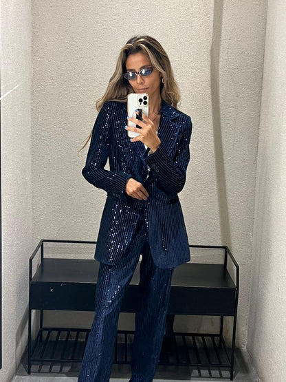 32636/32642 Velvet Jacket with Sequins and Straight Leg Velvet Pants - Brown Loft