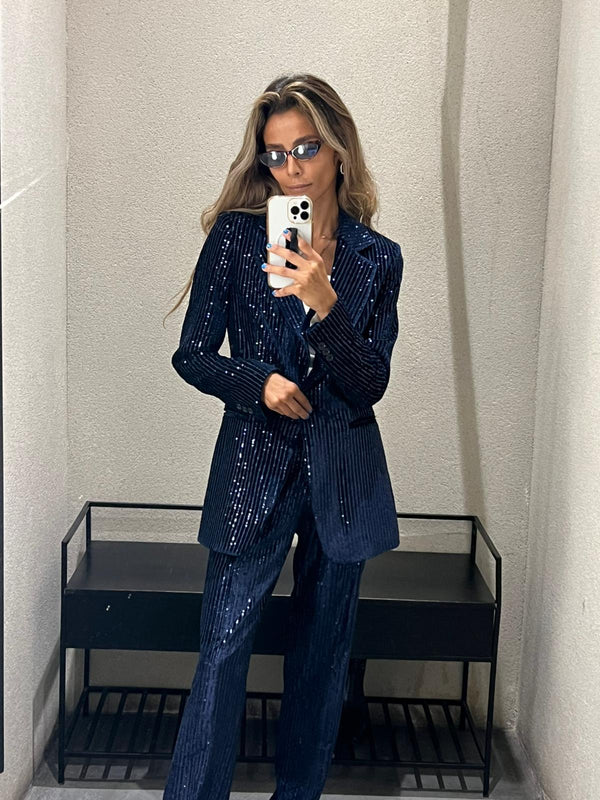 32636/32642 جاكيت مخملي مزين بالترتر وبنطلون مخملي مزين بالترتر بساق مستقيمة