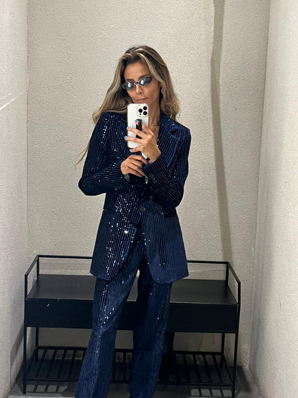 32636/32642 جاكيت مخملي مزين بالترتر وبنطلون مخملي مزين بالترتر بساق مستقيمة