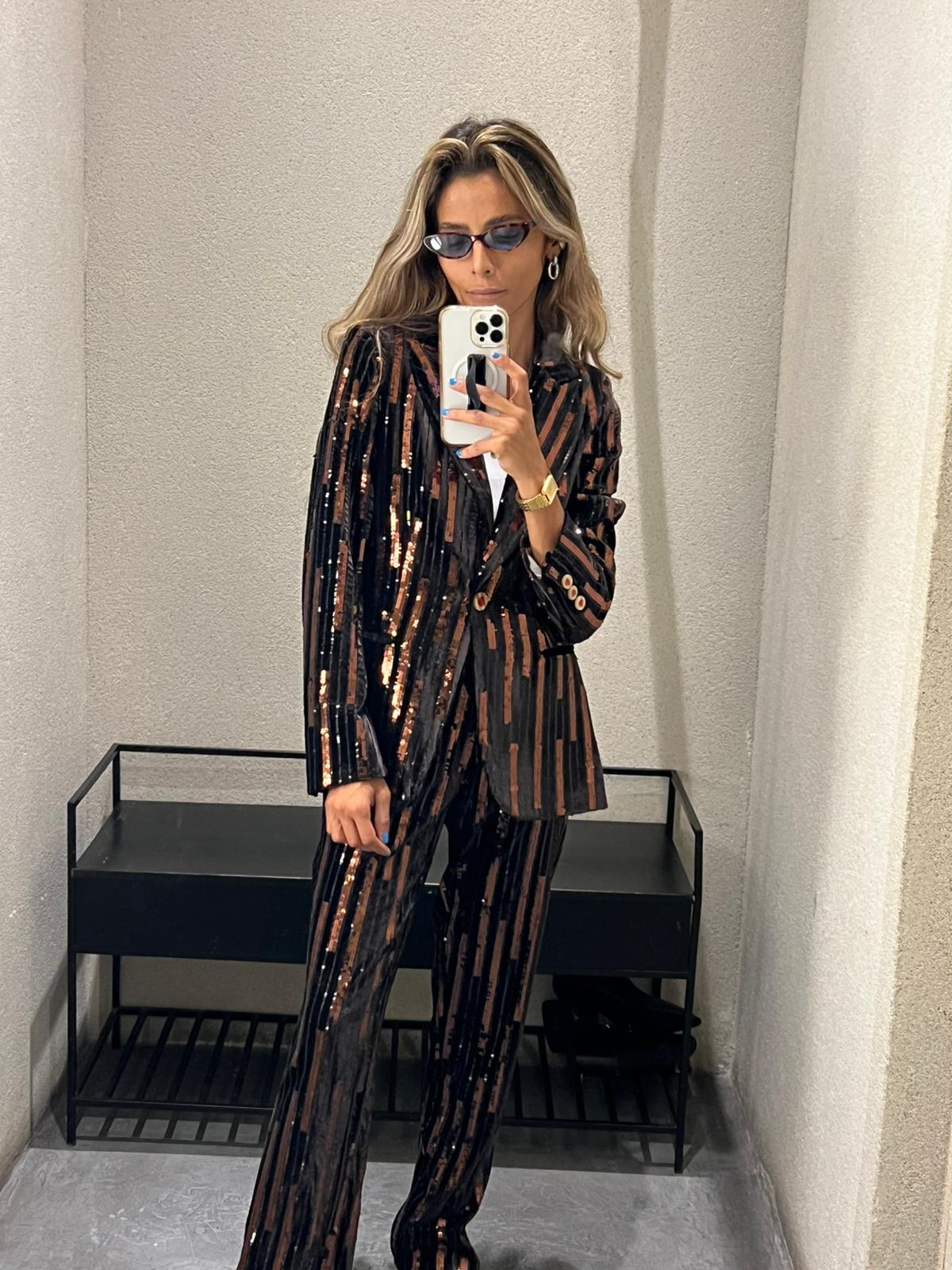 32634/32647 Brown Velvet Sequin Embellished Jacket and Straight Leg Pants - Brown Loft