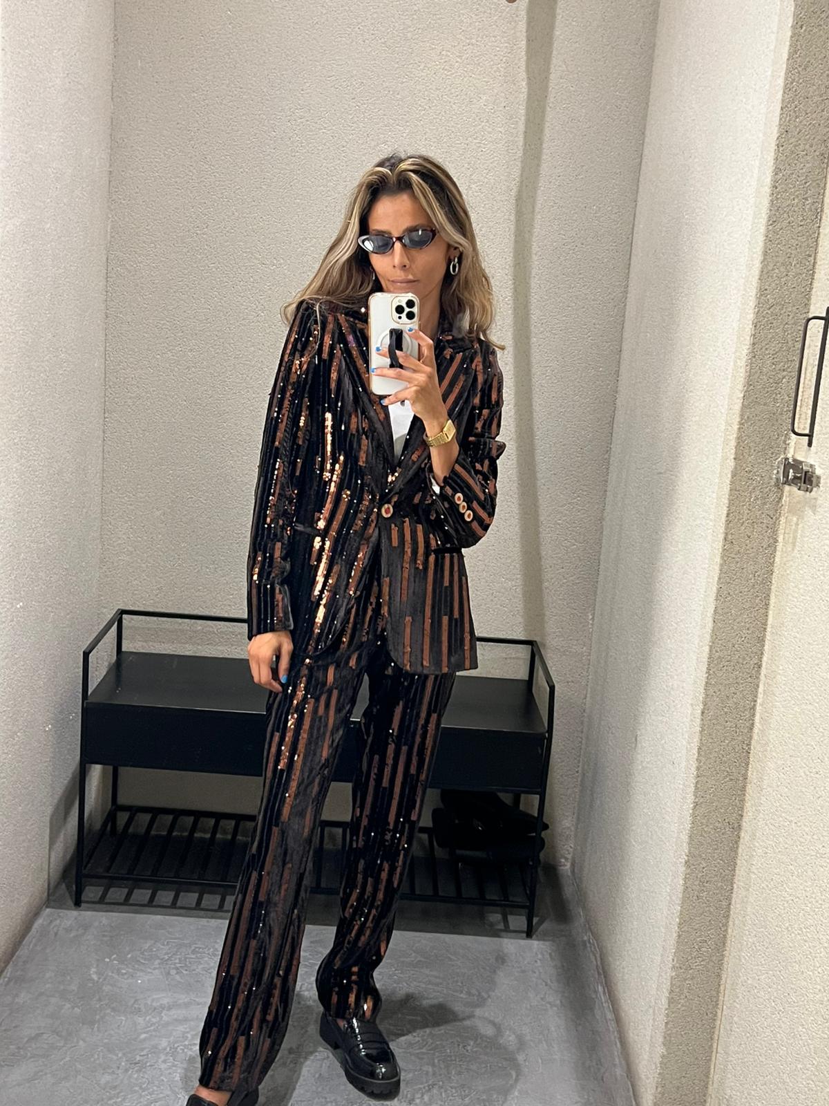 32634/32647 Brown Velvet Sequin Embellished Jacket and Straight Leg Pants - Brown Loft