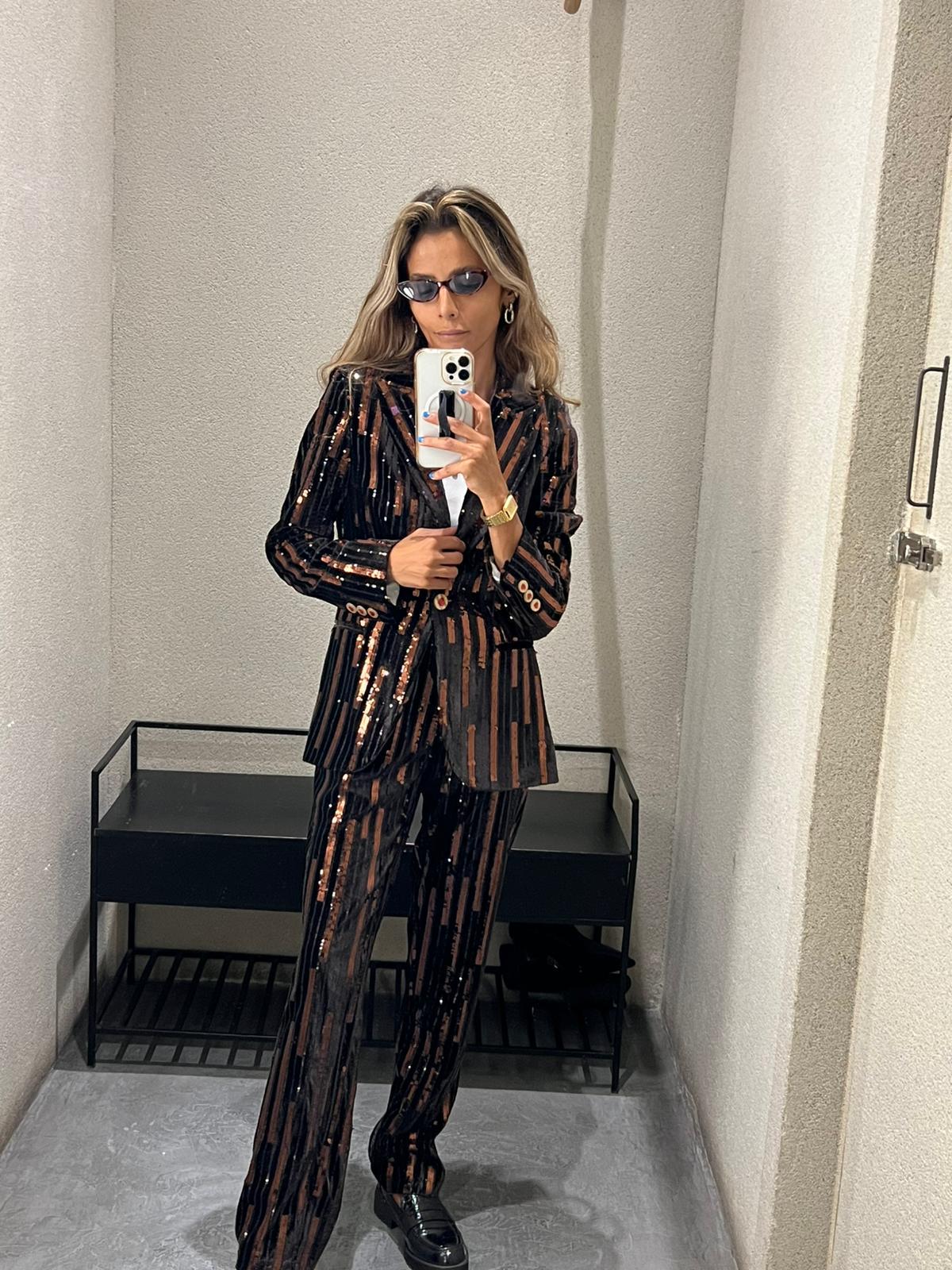 32634/32647 Brown Velvet Sequin Embellished Jacket and Straight Leg Pants - Brown Loft