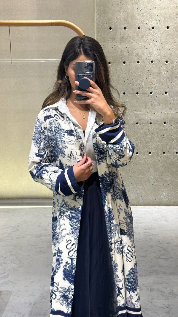 KD7182TN  Safari Print Satin Long Cardigan كارديجان طويل من الساتان بطبعة سفاري