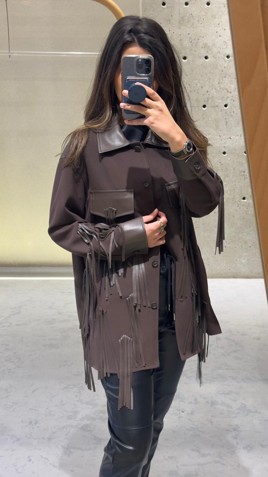 54-1043 Faux Leather Jacket with Fringe - Brown Loft