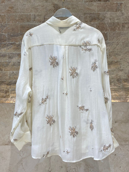 Layla Floral Embroidery Beads Oversized Shirt قميص واسع مطرز بالخرز والزهور - Brown Loft