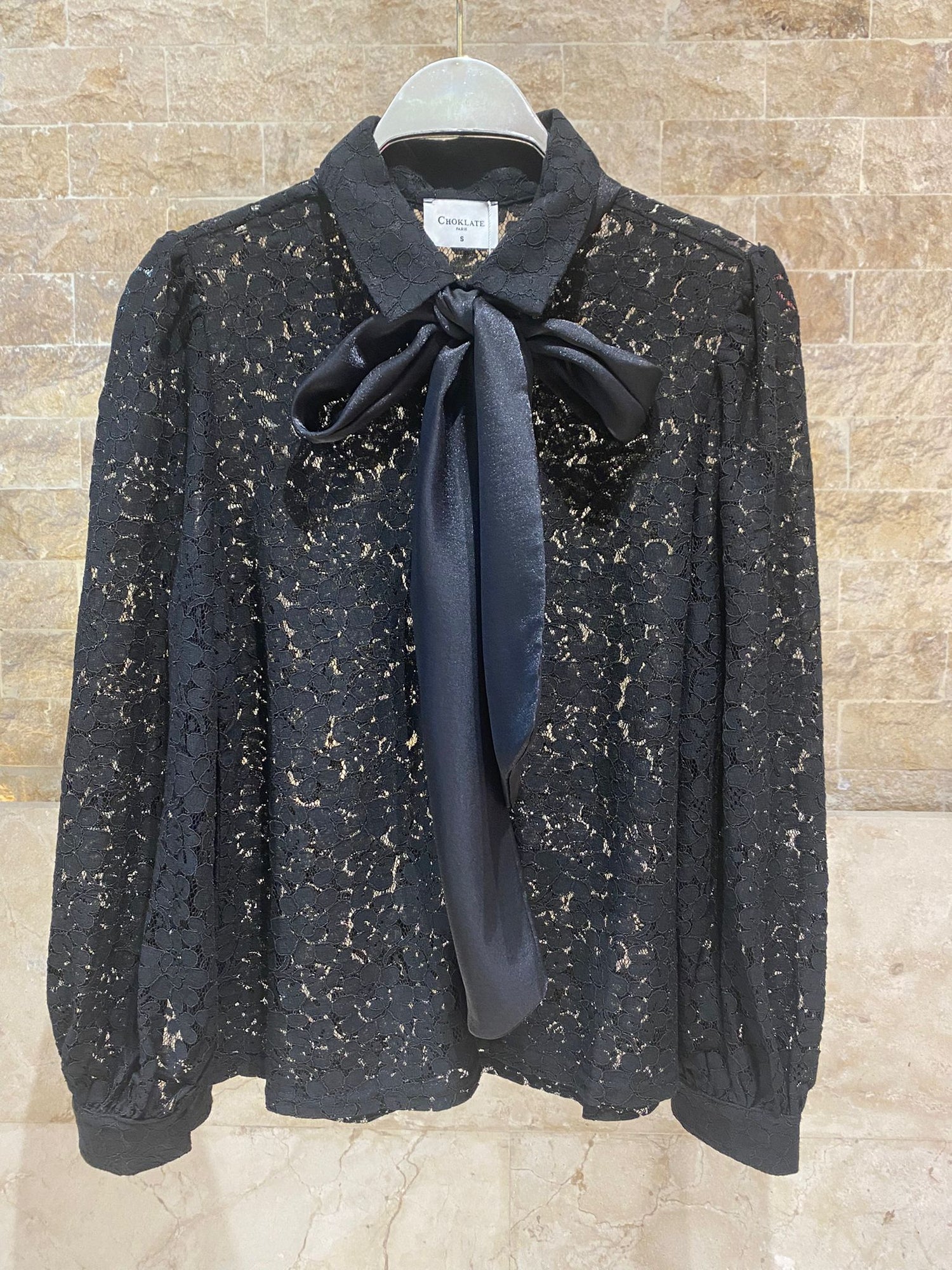 Floral Lace Semi Sheer Shirt with Detachable Bow Tie CK08395