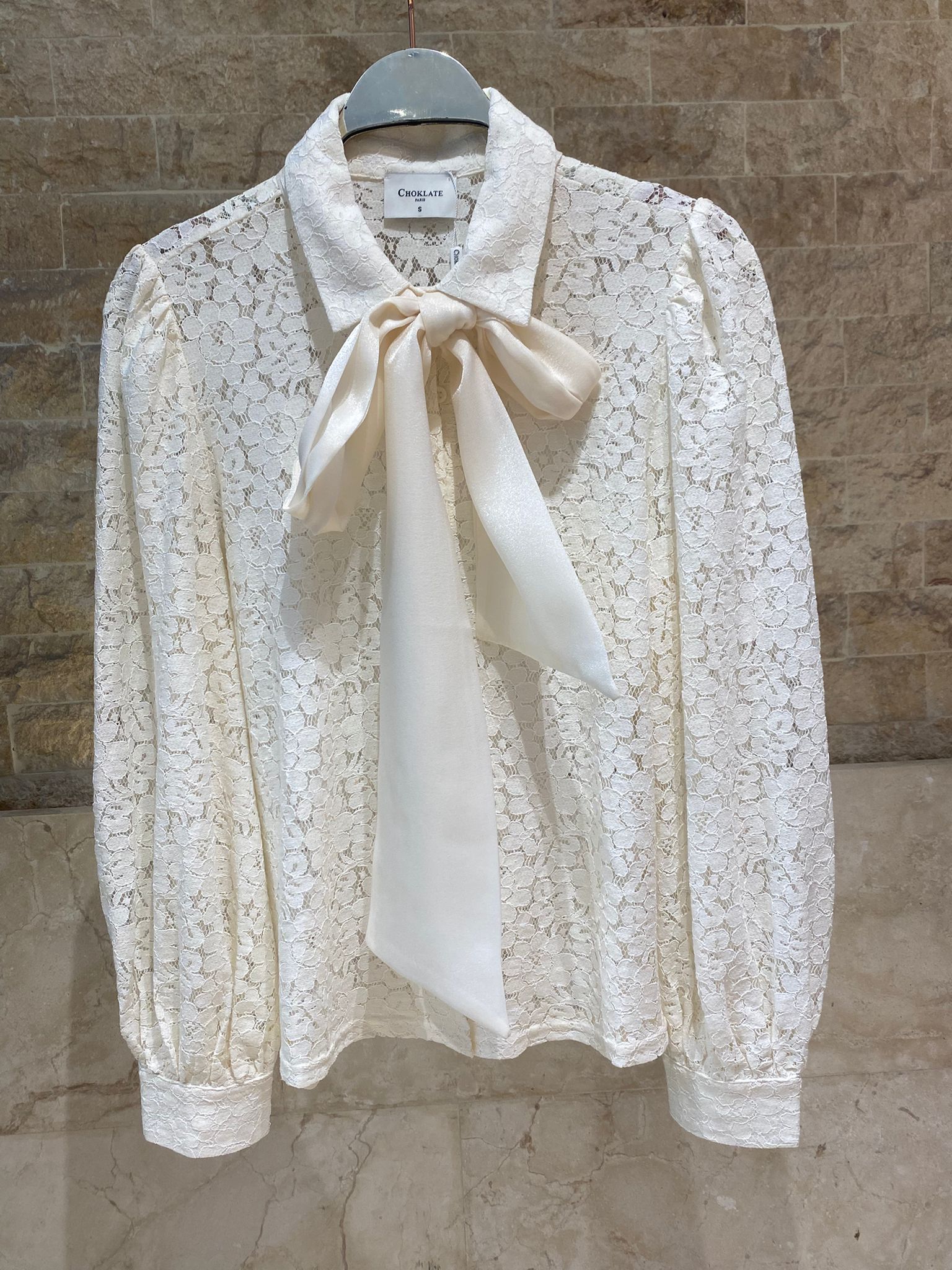 Floral Lace Semi Sheer Shirt with Detachable Bow Tie CK08395