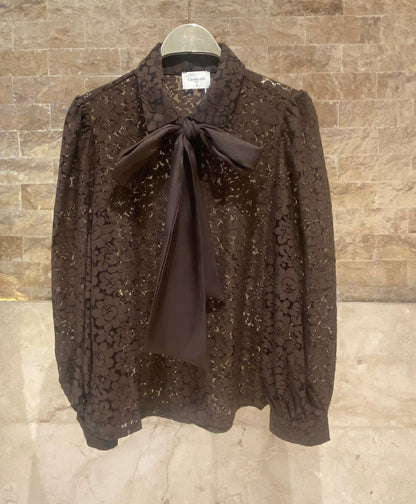 Floral Lace Semi Sheer Shirt with Detachable Bow Tie CK08395