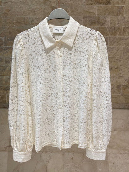 Floral Lace Semi Sheer Shirt with Detachable Bow Tie CK08395