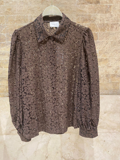 Floral Lace Semi Sheer Shirt with Detachable Bow Tie CK08395