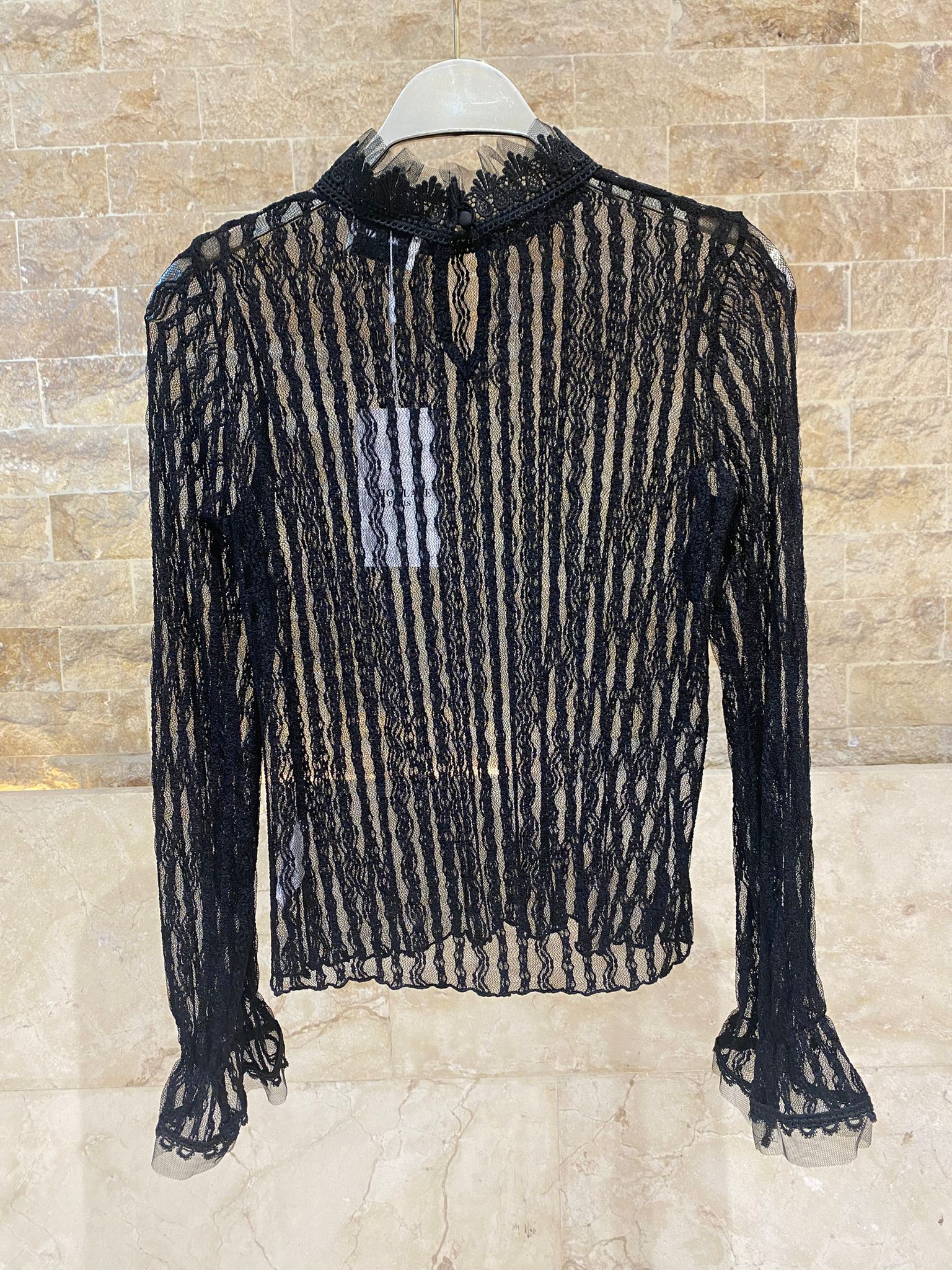 Tulle Trim Semi Sheer Lace Top 80942