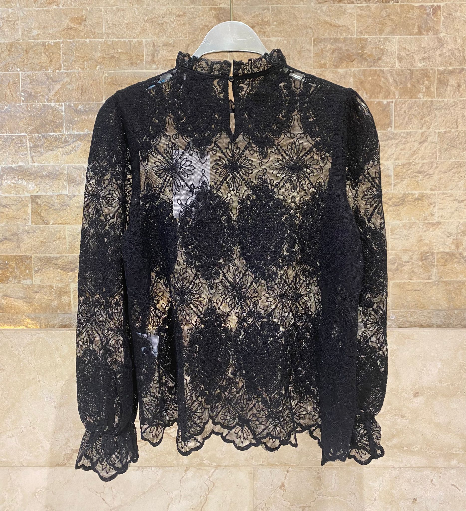 81048 Mock Neck Collared Sheer Floral Lace Top