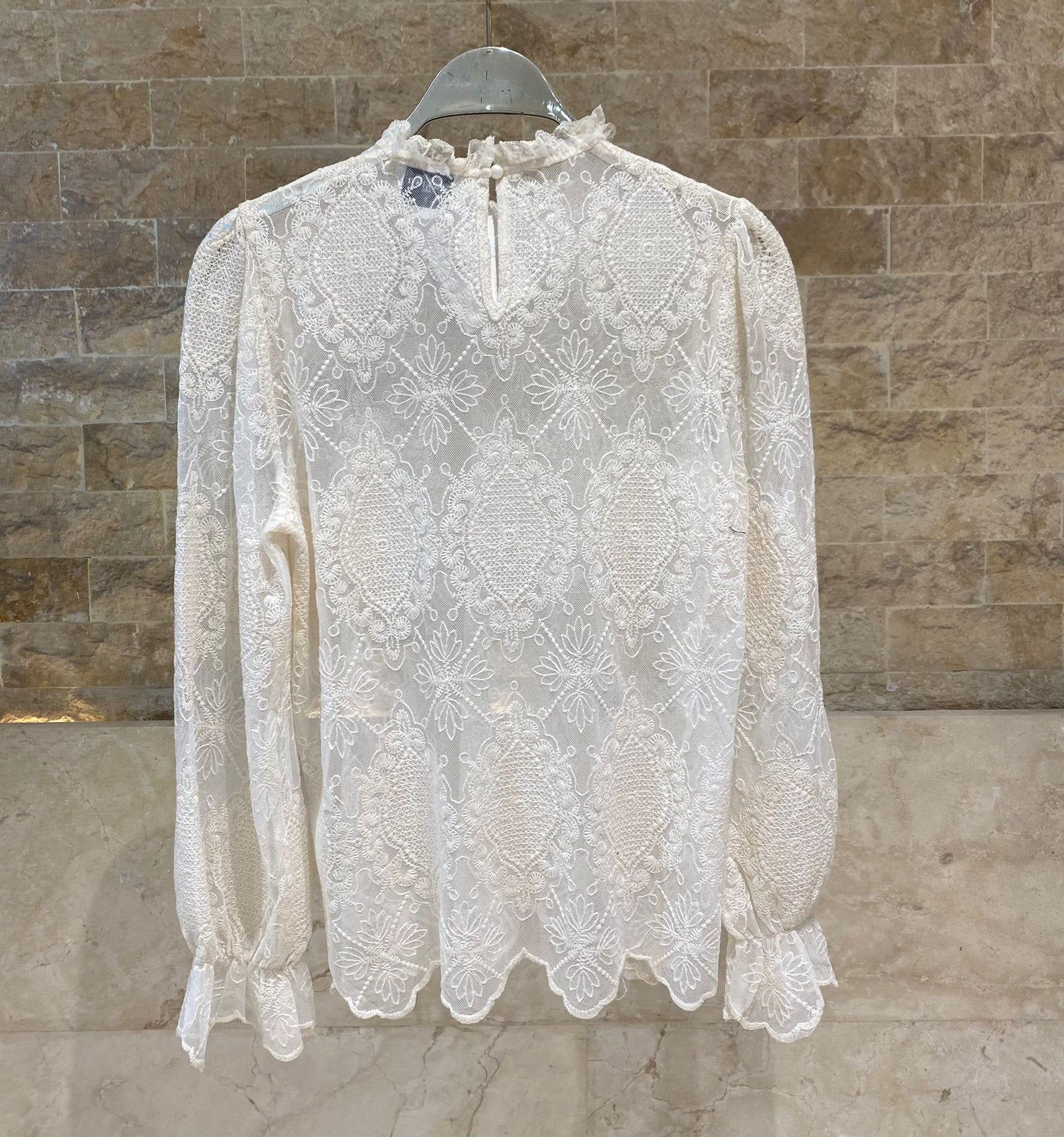 81048 Mock Neck Collared Sheer Floral Lace Top