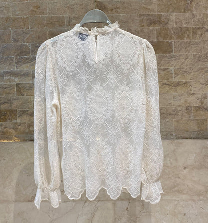 81048 Mock Neck Collared Sheer Floral Lace Top