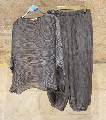 26S-1099 Crinkled Sheer Boxy Top and Pants - Brown Loft
