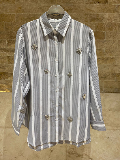 Striped Beaded Long Back Shirt Eliane