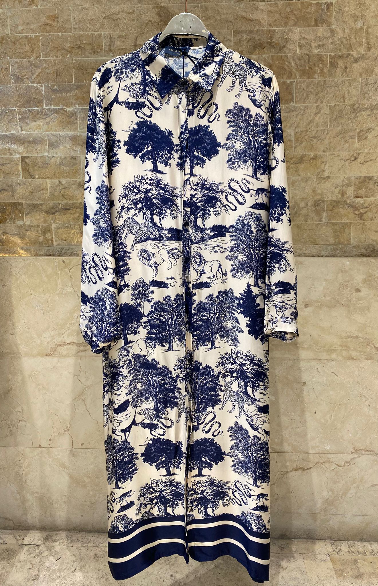 KD6255VS Dream Forest Safari Print Satin Long Dress - Brown Loft