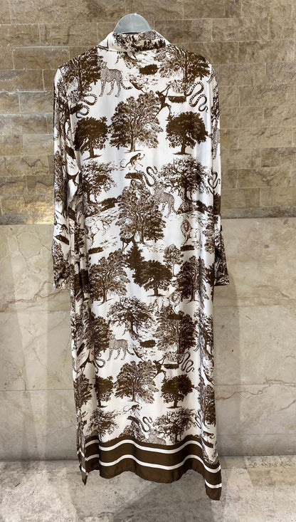 KD6255VS Dream Forest Safari Print Satin Long Dress - Brown Loft
