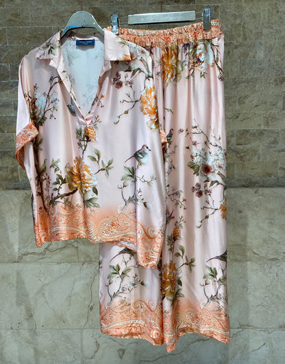 KD7607VS Floral Bird Print Satin Set - Brown Loft