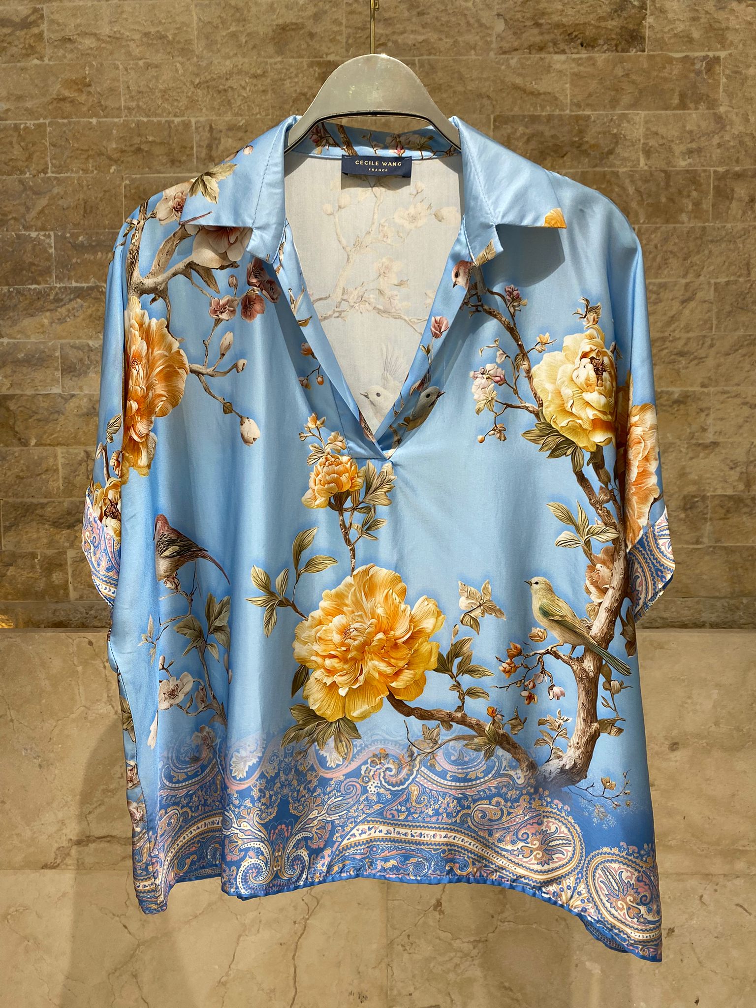 KD7607VS Floral Bird Print Satin Set - Brown Loft