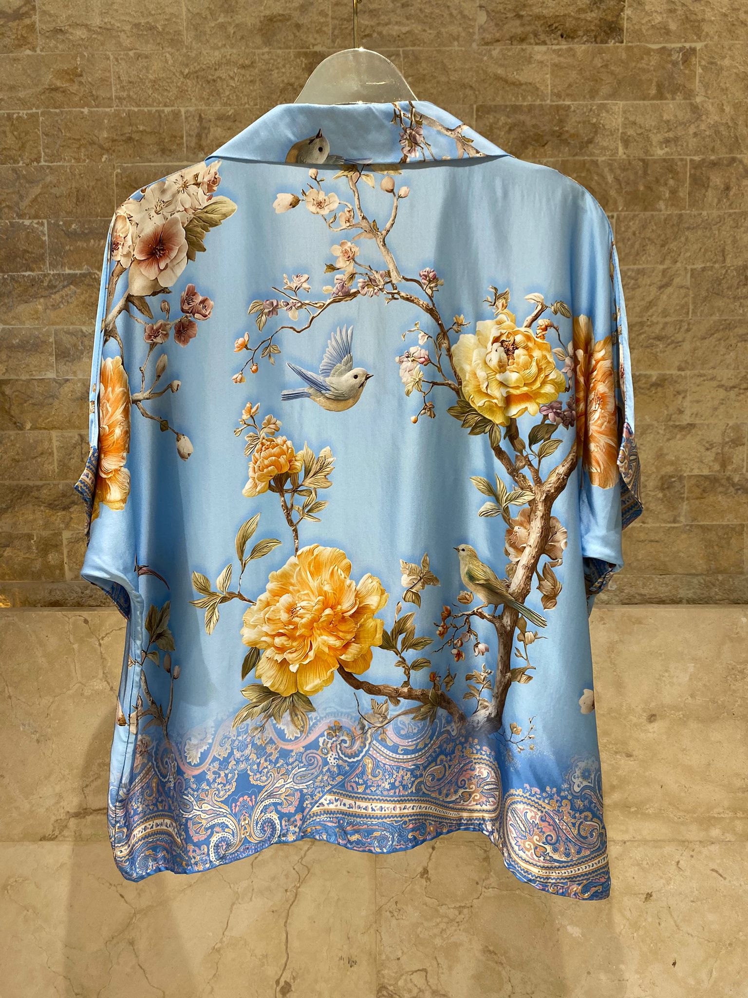 KD7607VS Floral Bird Print Satin Set - Brown Loft