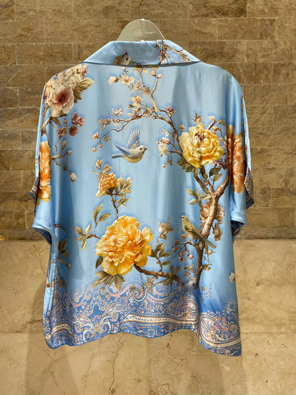 KD7607VS Floral Bird Print Satin Set - Brown Loft
