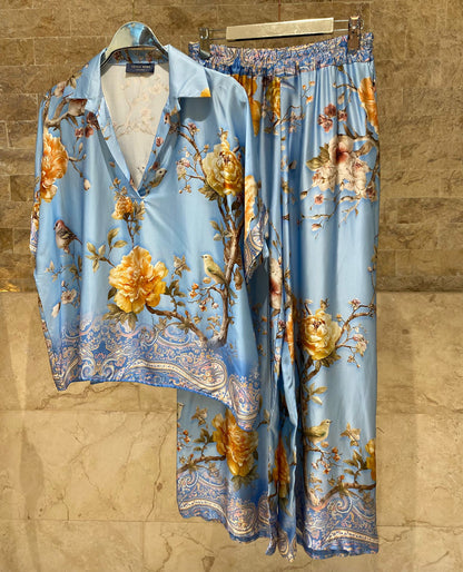 KD7607VS Floral Bird Print Satin Set - Brown Loft