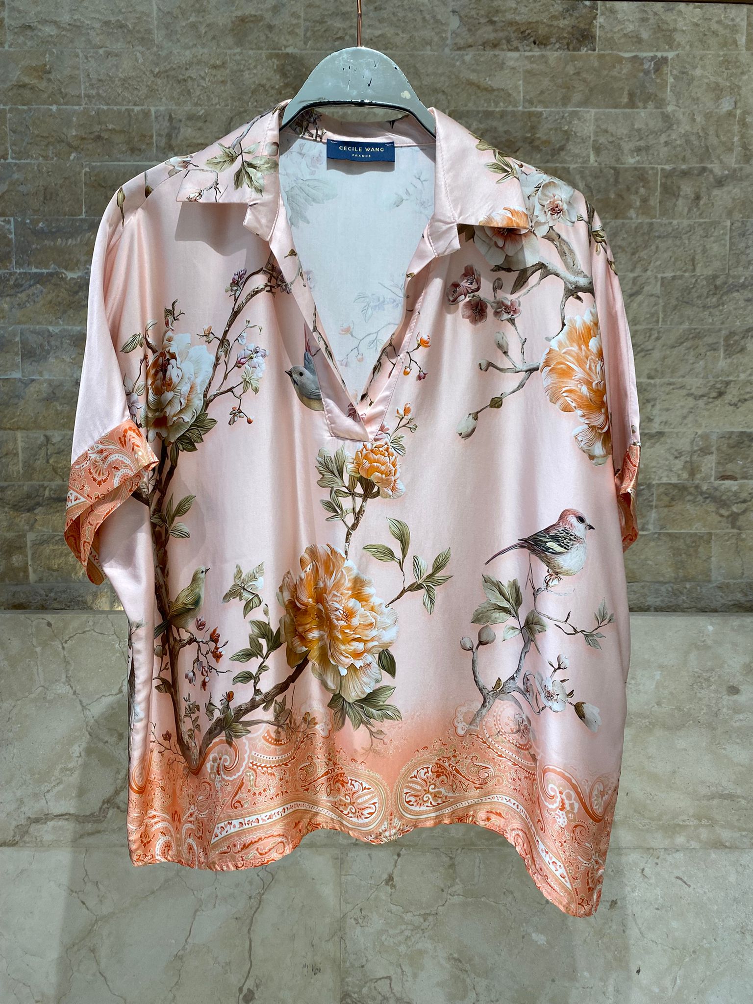 KD7607VS Floral Bird Print Satin Set - Brown Loft
