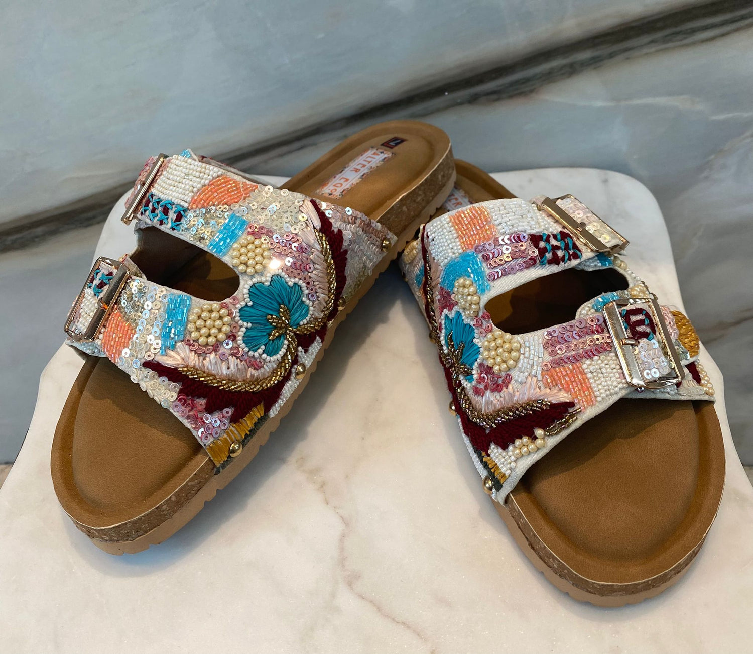 Sequins Pastel Embellished Double Strap Sandals - Brown Loft