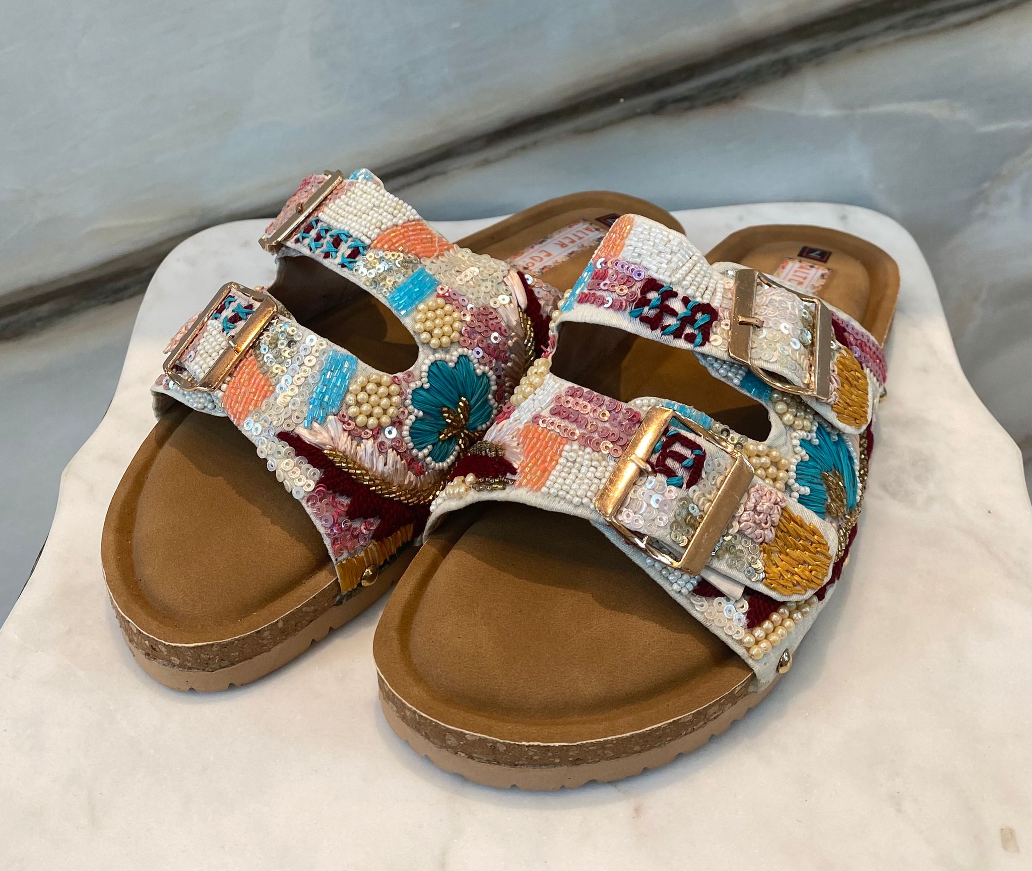 Sequins Pastel Embellished Double Strap Sandals - Brown Loft