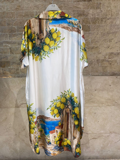 KD9960VS-36 Printed Satin Loose Fit Dress - Brown Loft