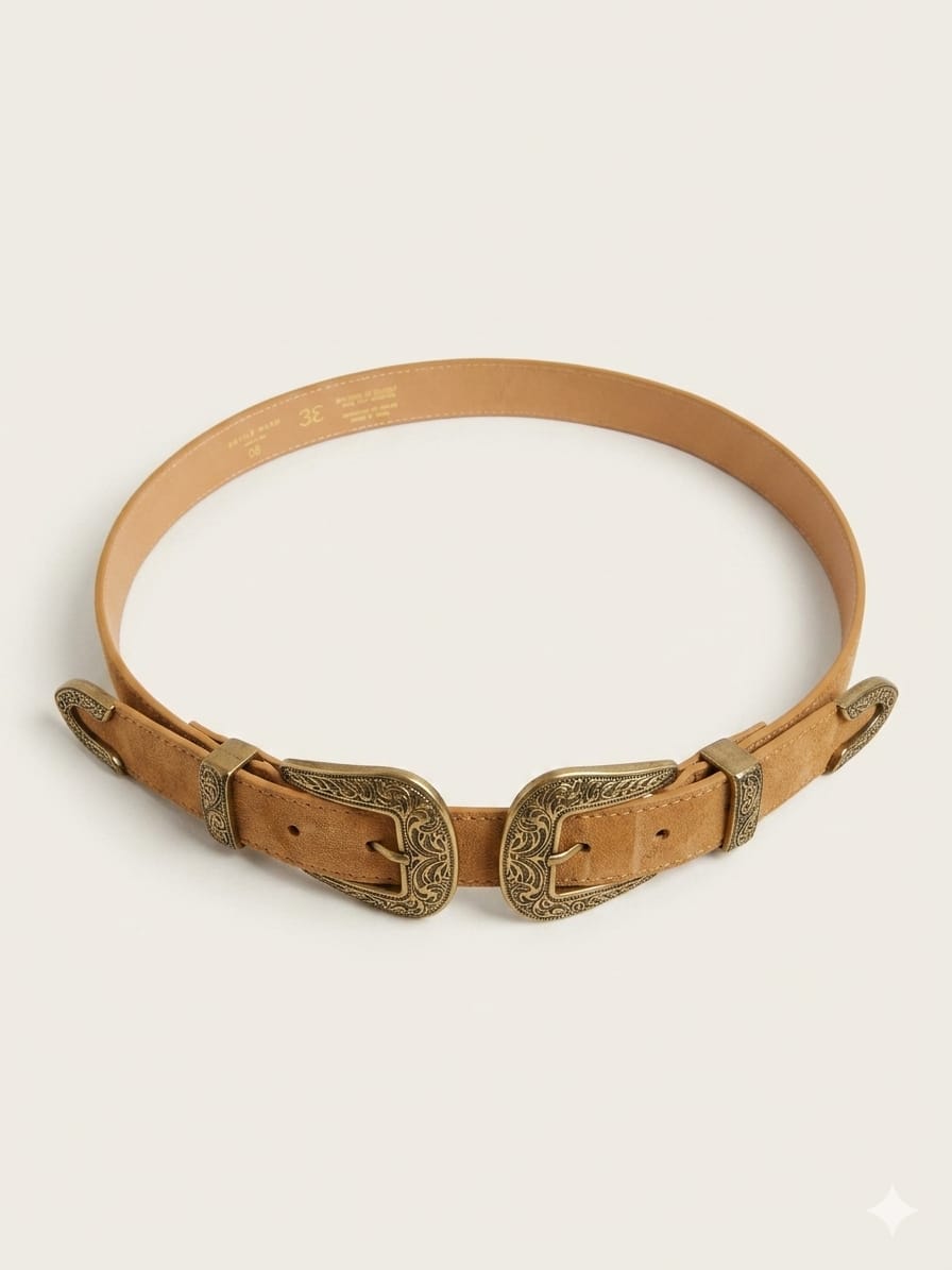 BK0146 Double Up Buckle Belt حزام بإبزيم مزدوج - Brown Loft