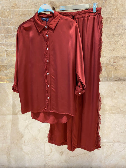 KD8607/05VS Satin Shirt and Pants قميص وبنطال من الساتان - Brown Loft