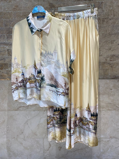 KD9157/37VS-32 Landscape Printed Satin Shirt and Pants