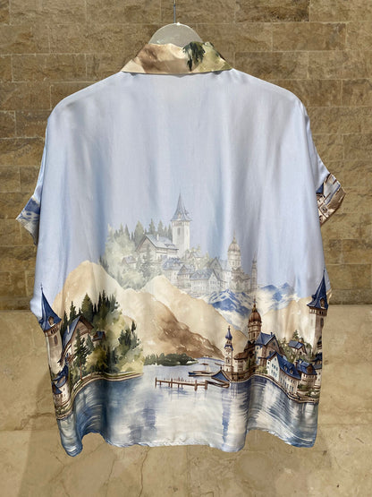 KD9157/37VS-32 Landscape Printed Satin Shirt and Pants