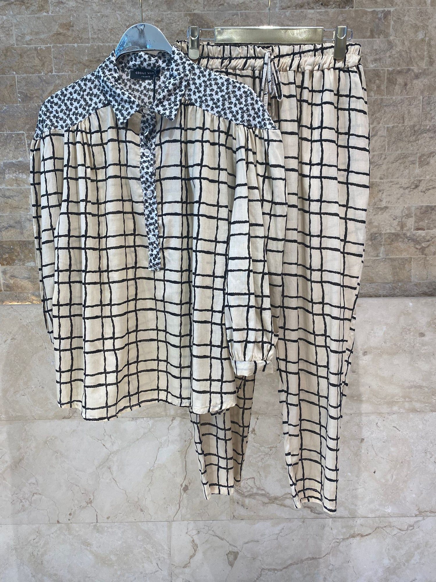 Patterned Cotton Shirt and Pants Grid Set 17928623
